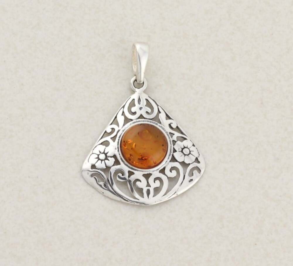 Sterling Silver Amber Filigree Pendant 1 1/2" x 1 1/8" inch